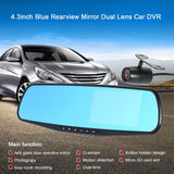 4.3 inch HD Blue Rearview Mirror Dual Lens Car DVR Dash Camcorder Video Driving Recorder